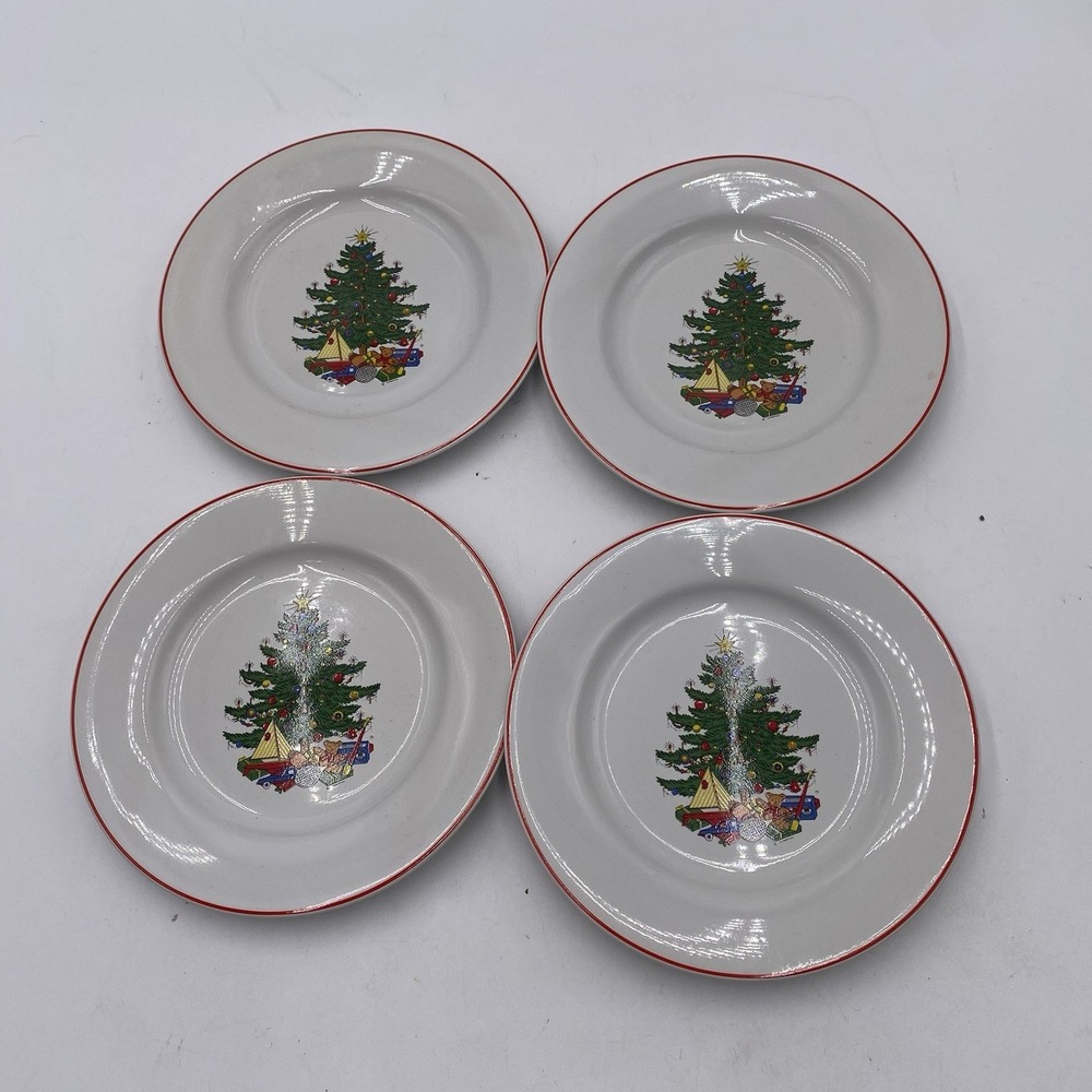 Set Of 4 Cuthbertson American Christmas Tree Bread Plates‎ 6.5" Red Rim Dessert